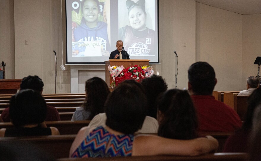 Community members mourned at Primera Iglesia Bautista on Thursday as retired pastor Julián Moreno, great-grandparent of one of the victims of the Robb Elementary School shooting, preaches.