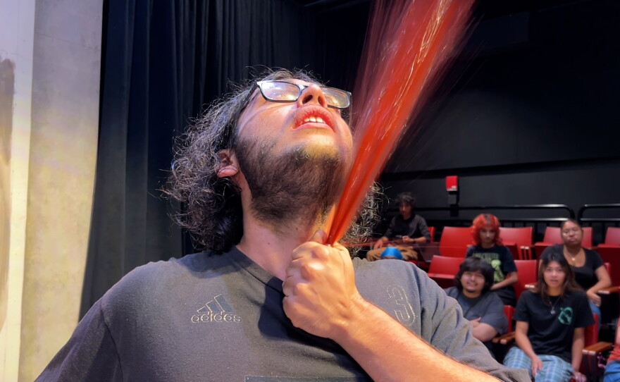 A demonstration of a squib being burst open at the blood rehearsal for "Dyin' for Dracula" on Oct. 6, 2026