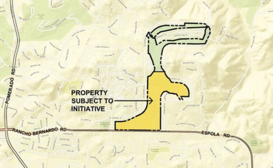 A map of the StoneRidge golf course in Poway shows the area — highlighted in yellow — that would be affected by Measure A, October 2017.