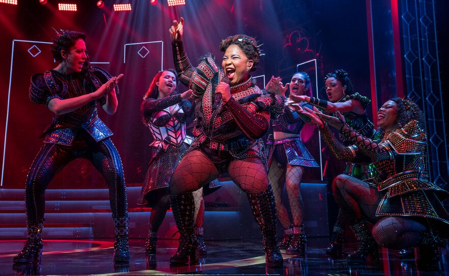 Anna of Cleves (Olivia Donalson) is shown surrounded by the other six ex-wives of Henry VIII in the Broadway touring production of "SIX" in an undated photo.