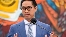Jason Paguio, president and CEO of the Asian Business Association of San Diego, speaks at the San Diego API Economic Equity Advancement Program launch, July 28, 2021.