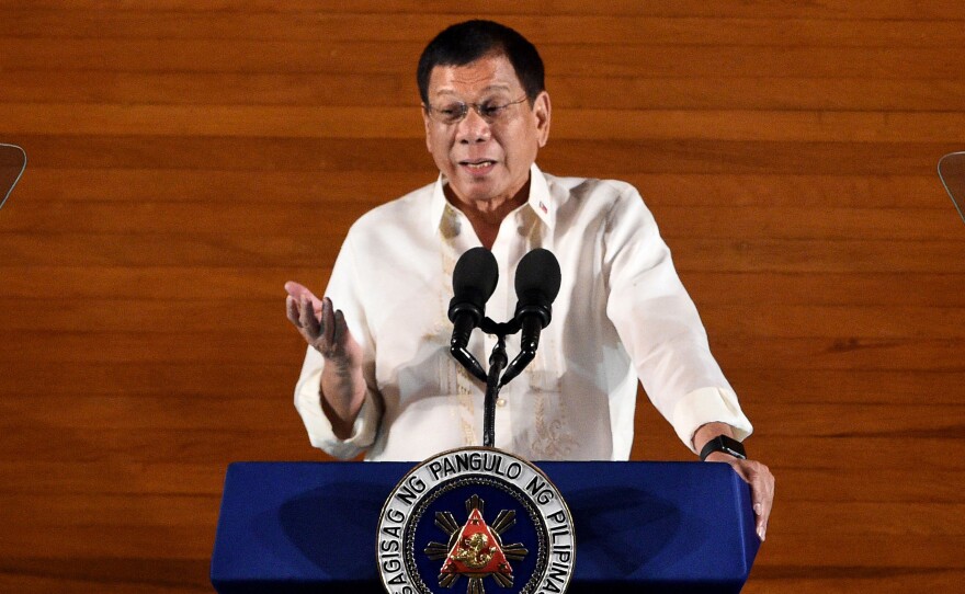 Philippine President Rodrigo Duterte delivers his State of the Nation Address last month in Manila. Duterte has vowed to show "no mercy" in his war on crime, especially the drug trade.