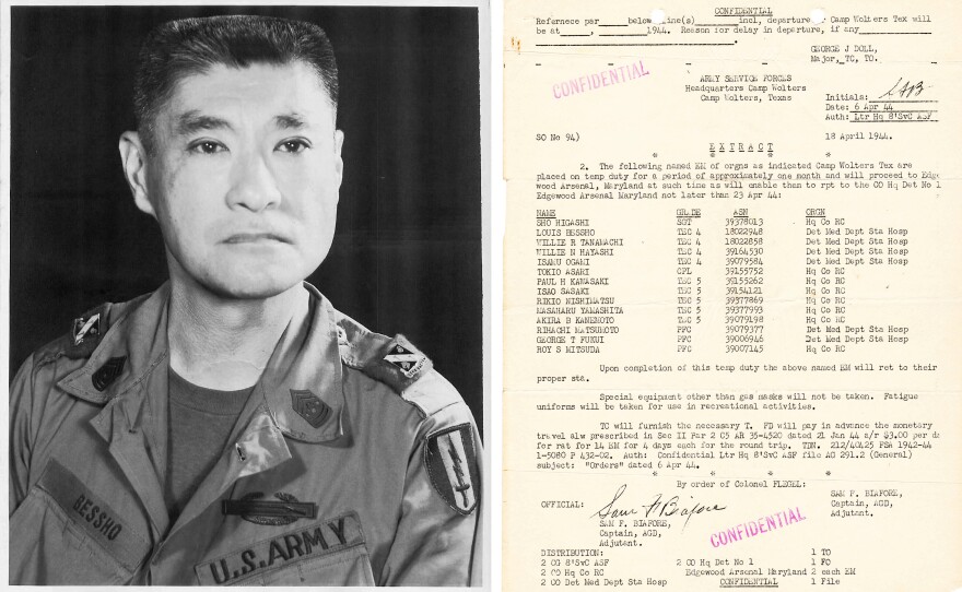 (Left) A portrait of Louis Bessho from 1969. (Right) Military orders from April 1944 for Japanese-American soldiers, including Bessho, who were part of the military's mustard gas testing at Edgewood Arsenal in Maryland.