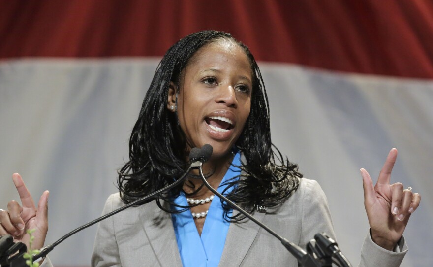 Saratoga Springs Mayor Mia Love addresses the Utah Republican Party's annual organizing convention on May 18.