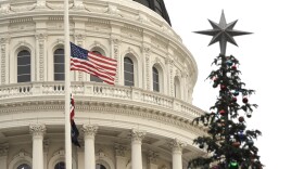 Flags fly at half staff at the Capitol in Sacramento to honor the victims of a mass shooting in San Bernardino, Dec. 2, 2015.