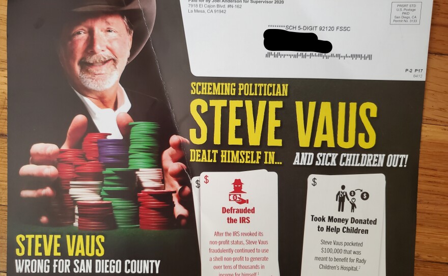 A campaign mailer sent about Poway Mayor Steve Vaus, who is running for the San Diego County Board of Supervisors District 2 seat, Oct. 27, 2020.