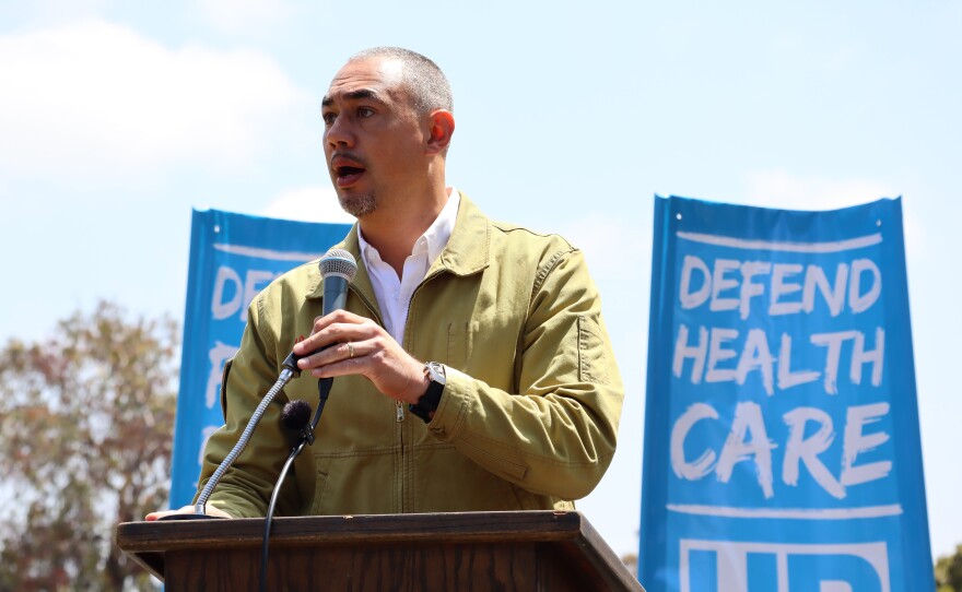 Sean Elo-Rivera, who represents District 9 on the San Diego City Council, speaks in Balboa Park on Thursday, May 1, 2025.