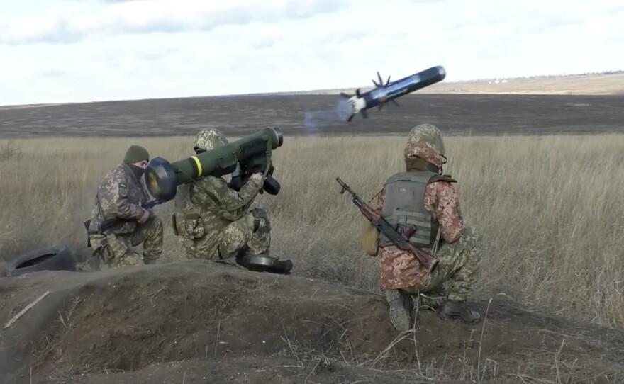 A Ukrainian soldier fires a U.S.-made Javelin missiles during a training exercise in January. The Ukrainians have used the Javelins to repeatedly take out Russian tanks and other armored vehicles.