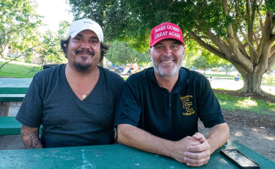 Chris Emerick (left) and Tim Wargo sit for a portrait photo at Aztec Park on July 7, 2026.