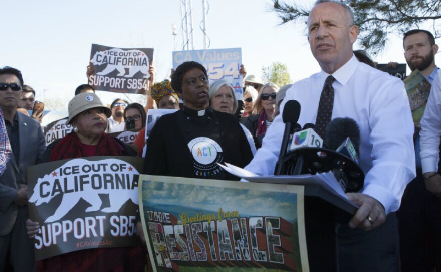Mayor Darrell Steinberg addresses the crowd during a unity rally before the forum hosted by Sacramento County Sheriff Scott Jones with the acting director of U.S. Immigrations and Custom Enforcement (ICE), Thomas Homan in Sacramento, Tuesday, March 28.