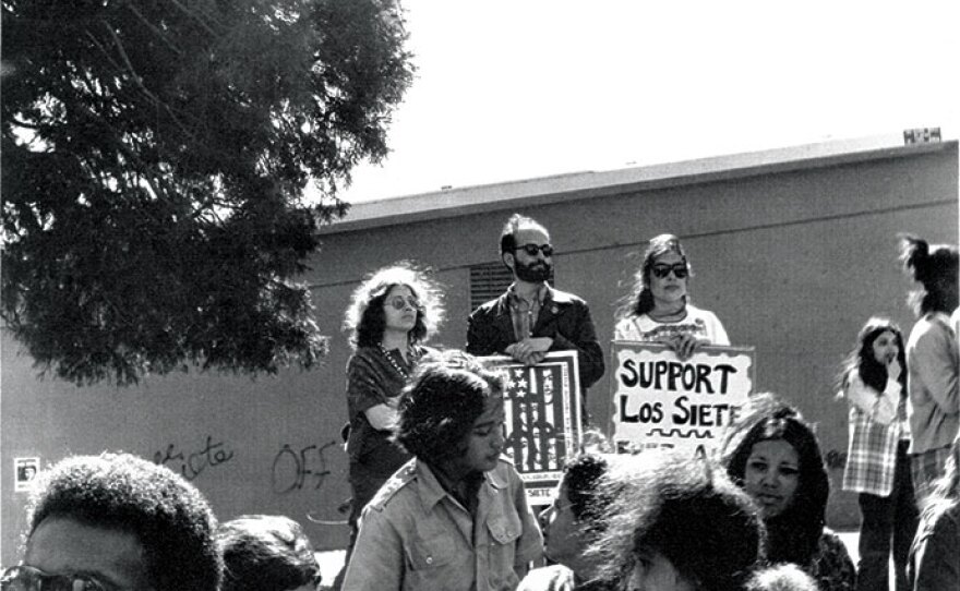 Yolanda López at a rally for Los Siete de la Raza in San Francisco's Highland Park in 1969.
