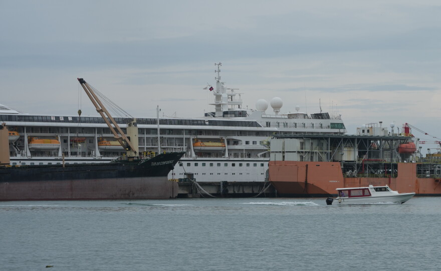 A U.S. cruise ship, the MV Odyssey, docks at the Sihanoukville Autonomous Port in Sihanoukville, Cambodia, Wednesday, Oct. 28, 2026.