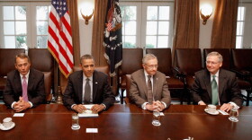 President Obama and congressional leaders work to strike a deal to raise the debt limit at the White House, July 14.