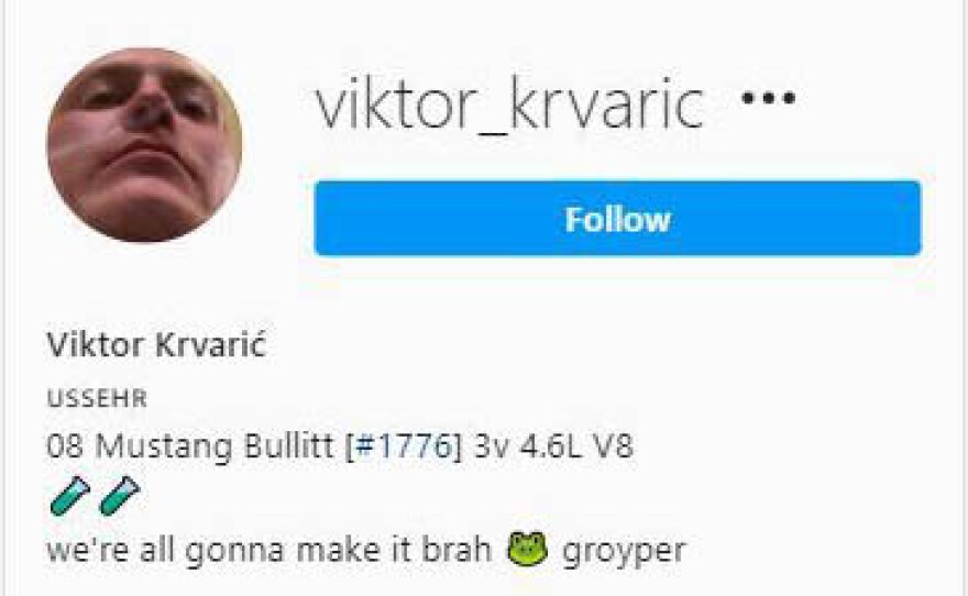 A screenshot of Victor Krvaric's Instagram page featuring the Groyper symbol of White nationalists taken on Aug. 21, 2020.