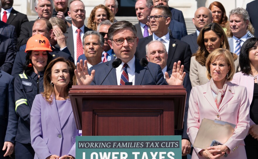 Speaker of the House Mike Johnson, R-La., and fellow Republicans celebrate GOP tax policies at an event outside the Capitol in Washington, Wednesday, April 15, 2026.