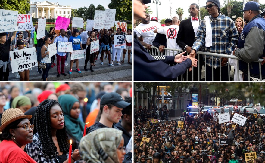 (Clockwise from top left) Protestors in front of the White House on Friday; Rapper Snoop Dogg is greeted by police officer Beatrice Girmala on Friday in Los Angeles, Calif. during a peaceful demonstration; Hundreds held a rally and march along Market Street in San Francisco, Calif; Madia Alluding (left) and her granddaughter Danielette Johnson hold candles at city hall in Portland, Maine.