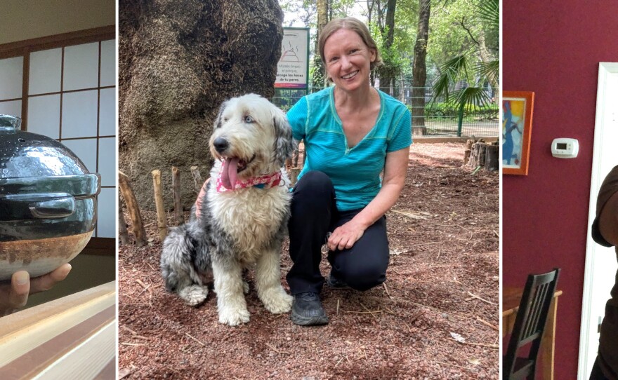 We asked NPR readers to share the items they can't live without in the pandemic. From left to right: Kenji Hall with his traditional Japanese pot, Trish Kandik with her foster dog Penelope and Lauren Morton with a takeout container of Indian food.