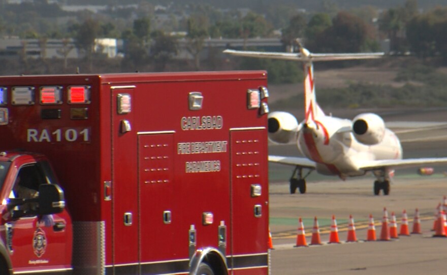 A Carlsbad Fire Department ambulance on the runway at McClellan-Palomar Airport during an emergency disaster drill, Oct. 23