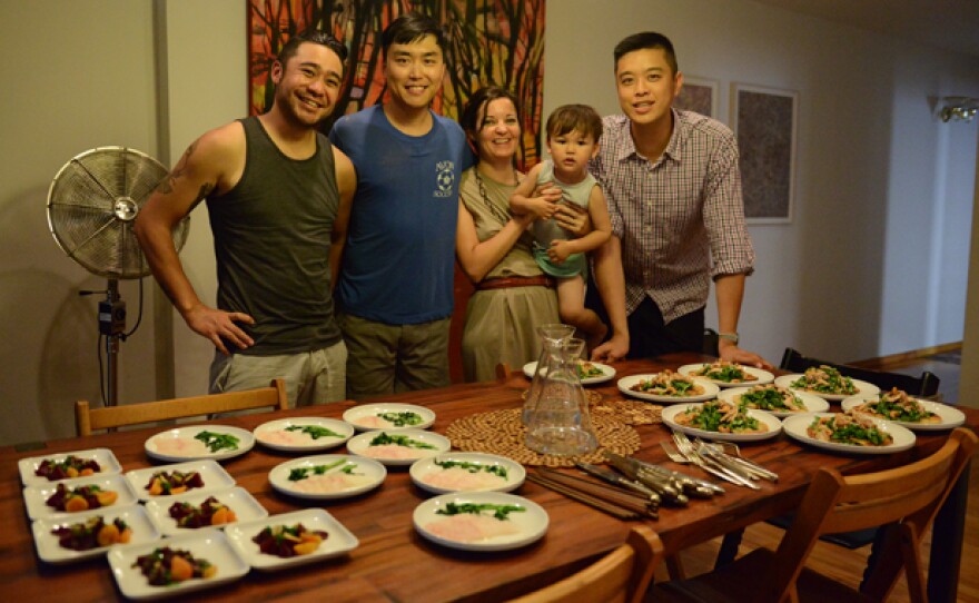 Jonathan Wu and his family, Wilson Tang, and their friend Leonard Shek present dishes from a menu development session for Fung Tu in June 2013.
