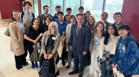 A group of students from Coronado and Chula Vista meet state Sen. Steve Padilla (front center) in Sacramento on Jan. 21, 2025. They lobbied for two bills related to the Tijuana River sewage crisis. 