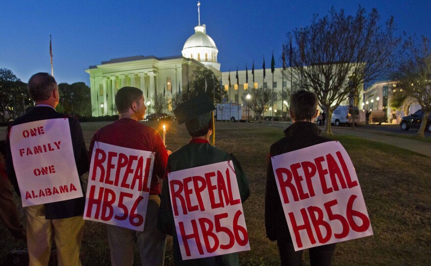 Demonstrators protest Alabama's immigration law at the Capitol in Montgomery, Ala., on Feb. 7, 2012. Much of the law was later struck down.