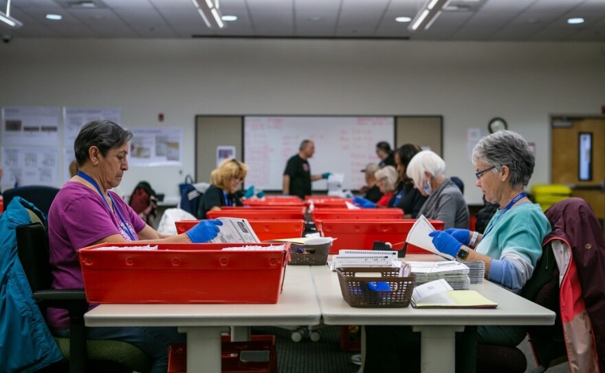 Election workers sort ballots at the Sacramento County voter registration and elections office in Sacramento on Nov. 8, 2022.