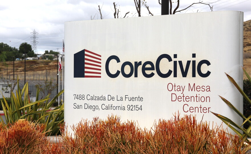 The CoreCivic sign outside the Otay Mesa Detention Center on Thursday, April 2, 2026.