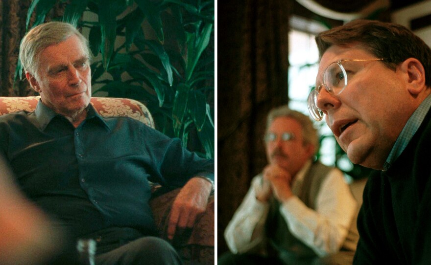 Charlton Heston (left), then president of the NRA, meets with fellow leaders Wayne LaPierre (far right) and Jim Baker (center) on April 30, 1999, ahead of the NRA's annual meeting in Denver. Around the same time, leaders discussed how to respond to the shooting at Columbine High School in nearby Littleton, Colo. More than 20 years later, NPR has obtained secret recordings of those conversations.