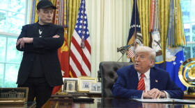 President Donald Trump, right, speaks during a news conference with Elon Musk in the Oval Office of the White House, Friday, May 30, 2025, in Washington.