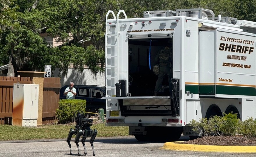 The Hillsborough County Sheriff's Office responds to a neighborhood close to the University of South Florida campus, Friday, April 24, 2026 in Tampa, Fla.