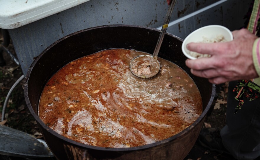 The culmination of all the begging and chasing of chickens is a fresh bowl of gumbo after a long day.