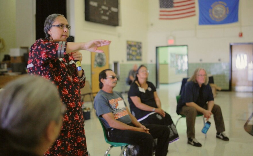 Sandy White Hawk (Sicangu Lakota) address those gathered at the first welcoming for adopted and fostered relatives of the Rosebud Sioux Tribe.
