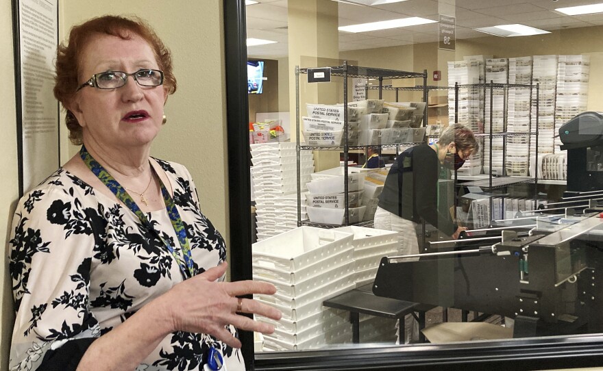 Clackamas County Clerk Sherry Hall speaks at the elections office on May 19 in Oregon City, Ore.