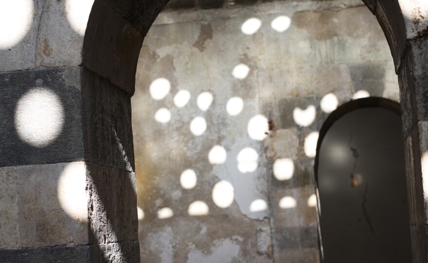 Like many old structures in Old Homs, this Ottoman-era bath house is built partly of tough basalt rock, and used as a rebel hideout.