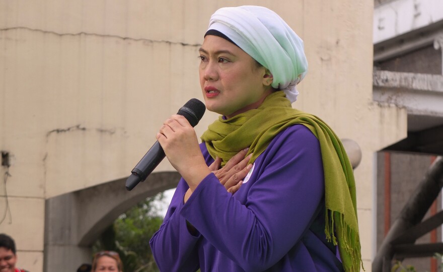 Philippine senatorial candidate Samira Gutoc speaks at a campaign event in Caloocan, Philippines.