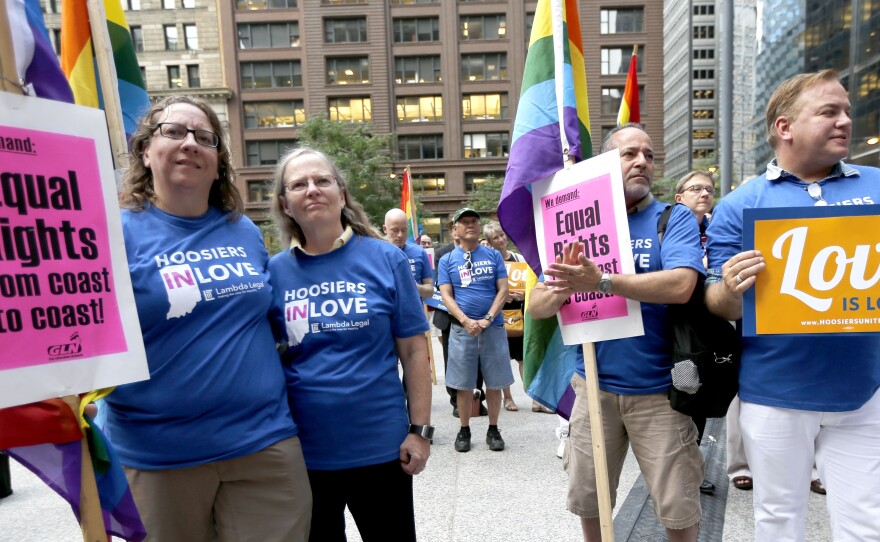 Supporters of gay marriage attend a rally at the federal plaza in Chicago on Aug. 25.