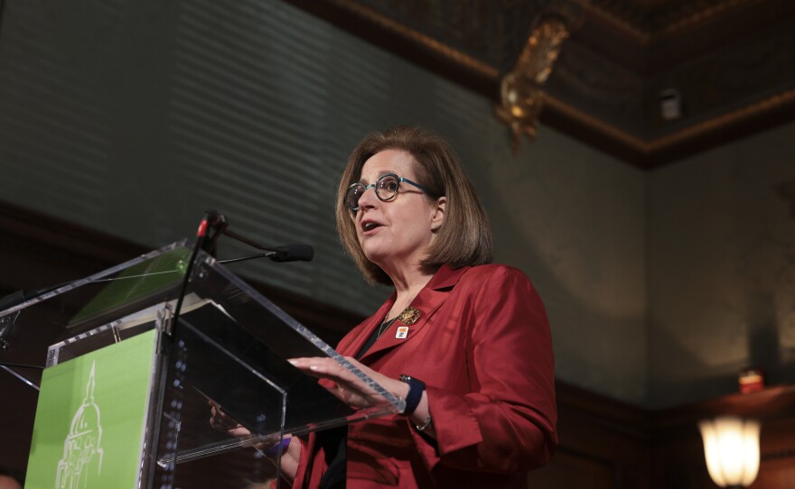 Lisa McGovern, executive director of the Congressional Families Cancer Prevention Program, speaks during a reception with congressional members and spouses showcasing bipartisan support for cancer prevention and early detection at the Library of Congress in Washington, D.C., on April 19, 2023.