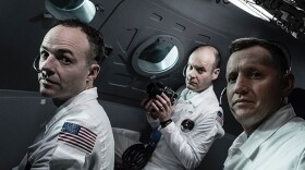 Michael Collins (Patrick Kennedy), Neil Armstrong (Rufus Wright) and Buzz Aldrin (Jack Tarlton) in the Command Service Module.