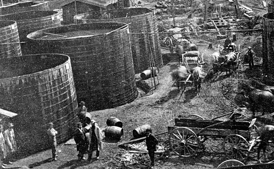 Tanks holding oil in Pithole, Pa., in 1868. Samuel Van Syckel built his first pipeline over just five weeks in 1865. At 2 inches in diameter, it was tiny by modern standards — but it was an engineering marvel.