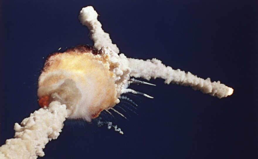 The space shuttle Challenger explodes shortly after lifting off from Kennedy Space Center in Florida on Jan. 28, 1986. The explosion was blamed on faulty O-rings in the shuttle's booster rockets.