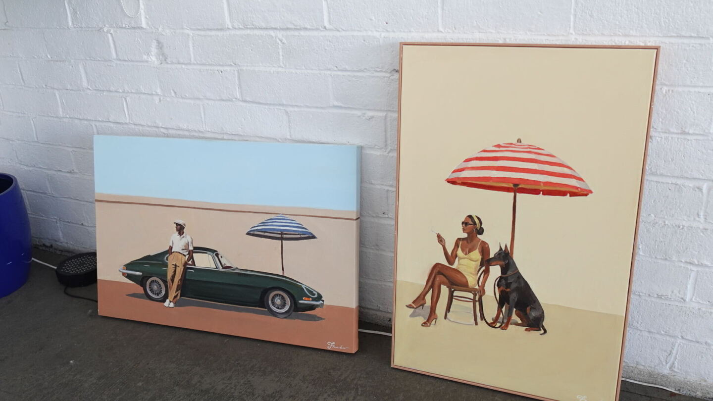 Fredo Gillis’ paintings, “The Arrival” (left) and “Be Careful, She Bites” (right), 2026.