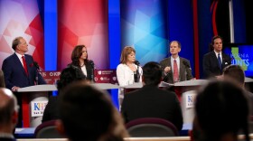 From left to right: Duf Sundheim, Kamala Harris, Loretta Sanchez, Ron Unz, Tom Del Beccaro at a debate at KPBS in San Diego, May 10, 2016.