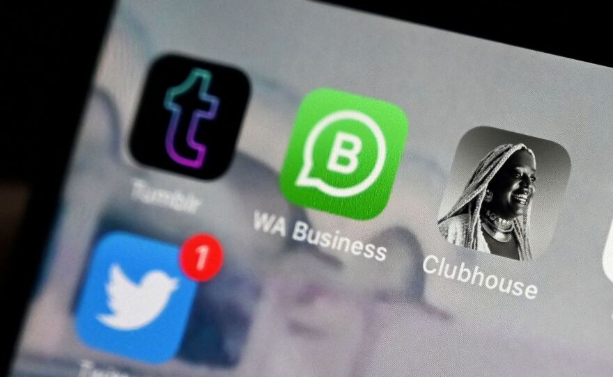 This photo illustration taken on July 14, 2021, shows the Clubhouse app icon on a mobile phone screen. The social audio app announced Wednesday it will not be attending this year's SXSW conference in Austin, Texas, given the controversies surrounding the state's transgender laws.