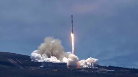A SpaceX Falcon 9 rocket carrying two U.S.-German science satellites and five commercial communications satellites blasts off from Vandenberg Air Force base on the central California coast Tuesday afternoon, May 22, 2018. 