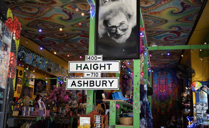 "Love on Haight" is a store on Haight Street in San Francisco that carries a lot of Grateful Dead memorabilia and tie dye clothing as well as a large photo of Jerry Garcia.