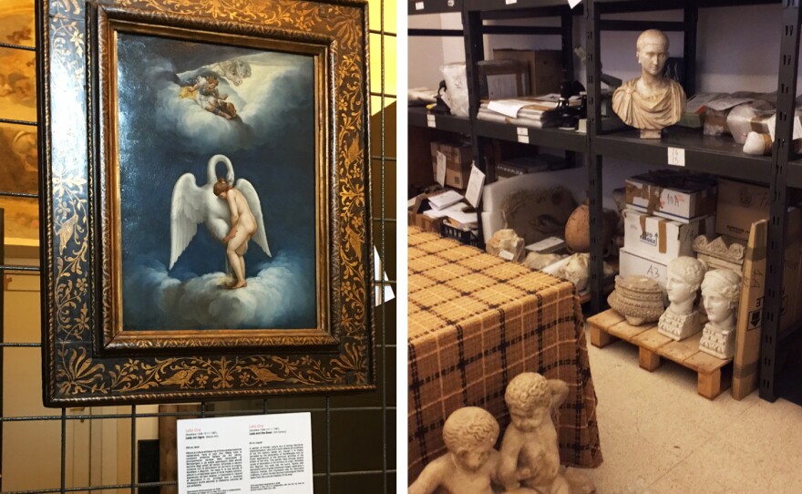 (Left) A painting of "Leda and the Swan" by 16th century artist Lelio Orsi was recovered in New York City. (Right) A storage room contains recovered works.