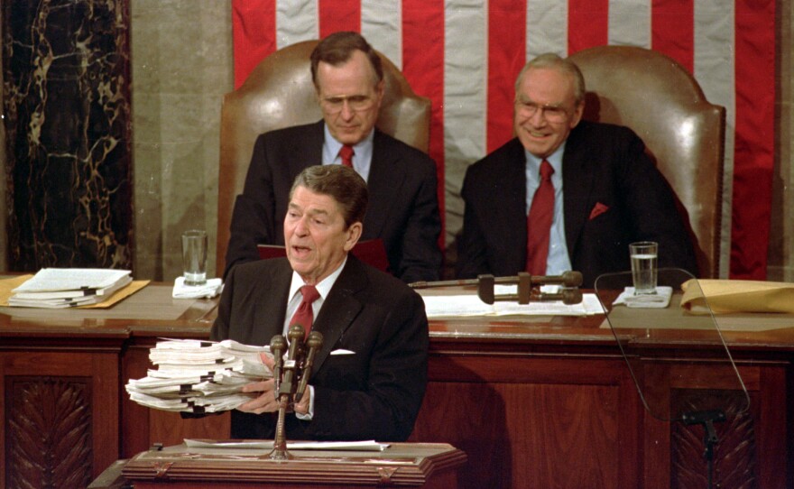 In 1988, President Ronald Reagan held up a 14-pound continuing resolution for the budget, part of a total package weighing 43 pounds.