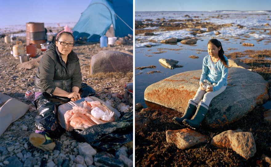 Darlene Willie scrapes the skin of a ringed seal at her family's hunting camp at Nuvukutaak on Baffin Island to prepare it for use as clothing. Darlene's mother, who was in poor health, had just taught these skills to her daughter. Right: Horizon Willie, 11, holds snow goose eggs she gathered near her family's camp. They harvested hundreds to bring to neighbors who could not make the trip.