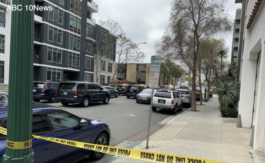 A taped-off area near Beech and State streets in Little Italy following a shooting that wounded a San Diego police officer on March 3, 2022.