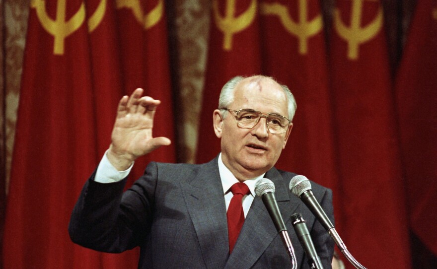 Soviet President Mikhail Gorbachev addresses a group of 150 business executives in San Francisco, Monday, June 5, 1990. Russian news agencies are reporting that former Soviet President Mikhail Gorbachev has died at 91. The Tass, RIA Novosti and Interfax news agencies cited the Central Clinical Hospital.